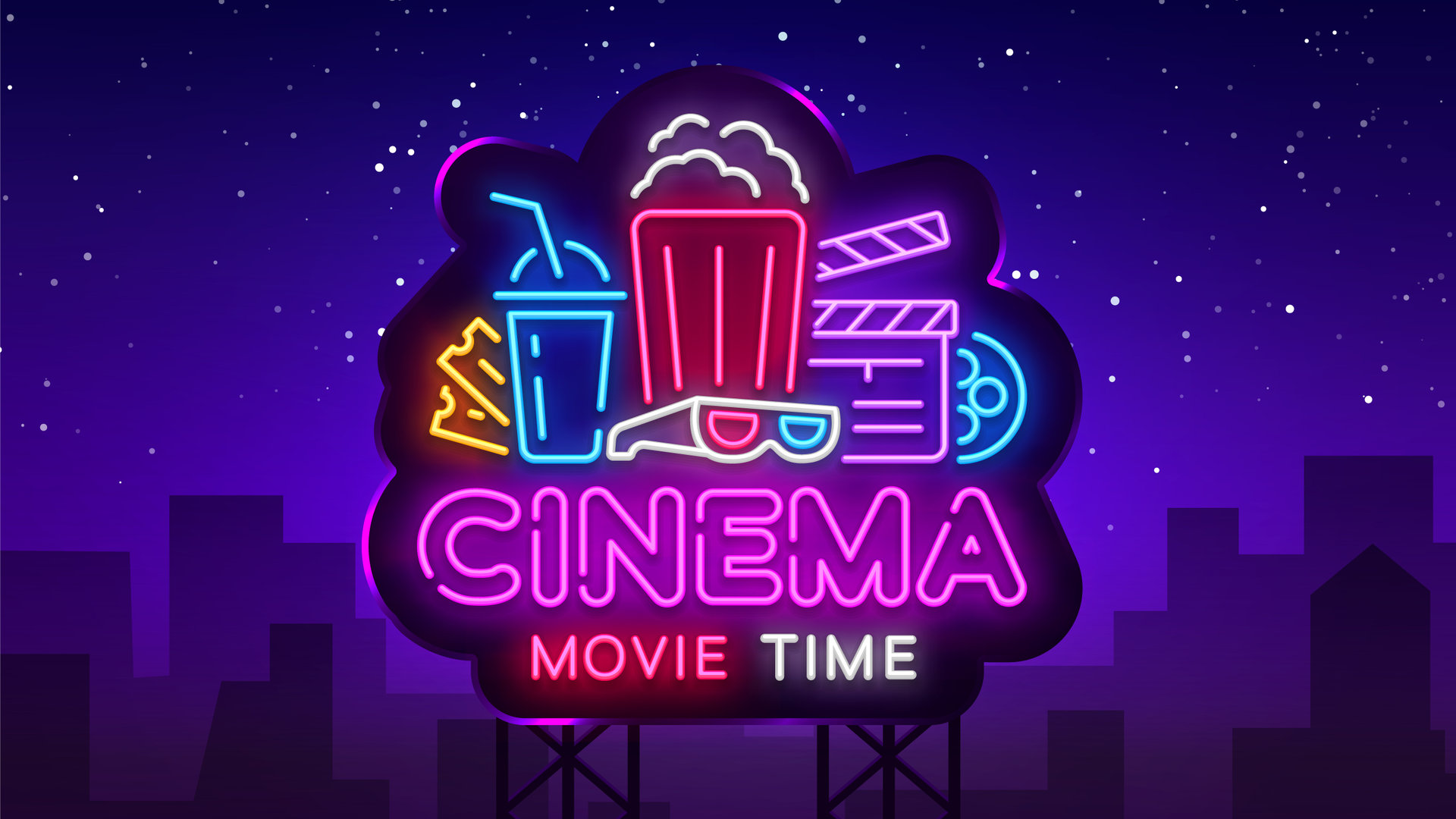 Cinema time. Неоновая вывеска кино. Cinema Night неон. Movie time логотип. Кино эмблема неон.